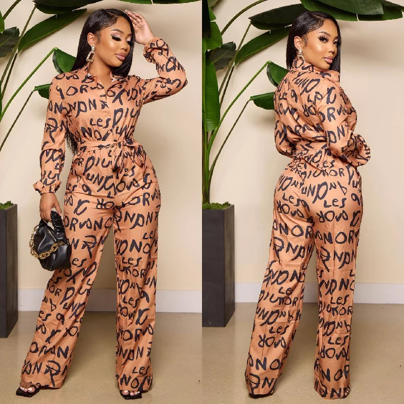 Low Prices 23911 2023 Hot Sale All Over Printed Shirts Top Women One Piece Wide Leg Jumpsuits Lounge Wear