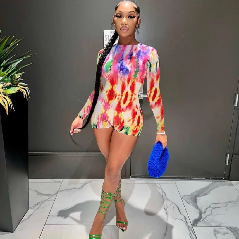 New Deals 30463 OEM Custom Colorful Print Mesh Romper Knitted Sport Lounge Wear One Piece Jumpsuits Women