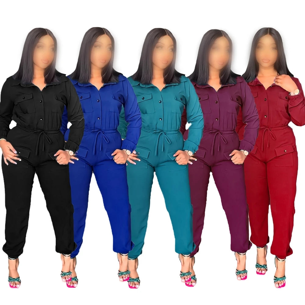 Price Cut 9940 Latest Design Drawstring Solid Color One Piece Jumpsuit Waist Close Leggings Overall Women Jumpsuit