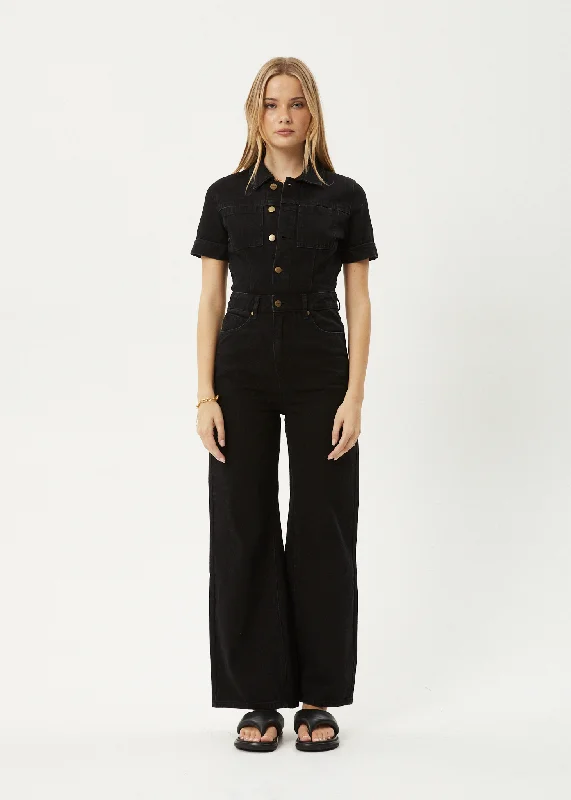 Price Rollback AFENDS Womens Miami - Denim Flared Leg Jumpsuit - Washed Black