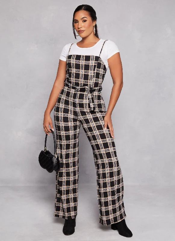 Price Cut Almost Famous Plaid Belted Cami Jumpsuit with Tee