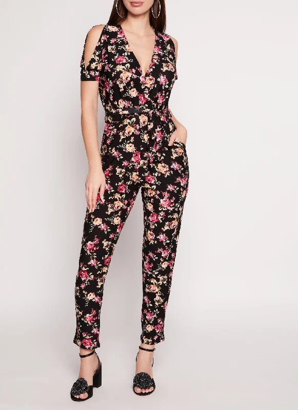 Shop and Save Patterned Cold Shoulder Jumpsuit