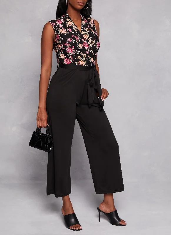 Special Discount Printed Faux Wrap Tie Waist Jumpsuit