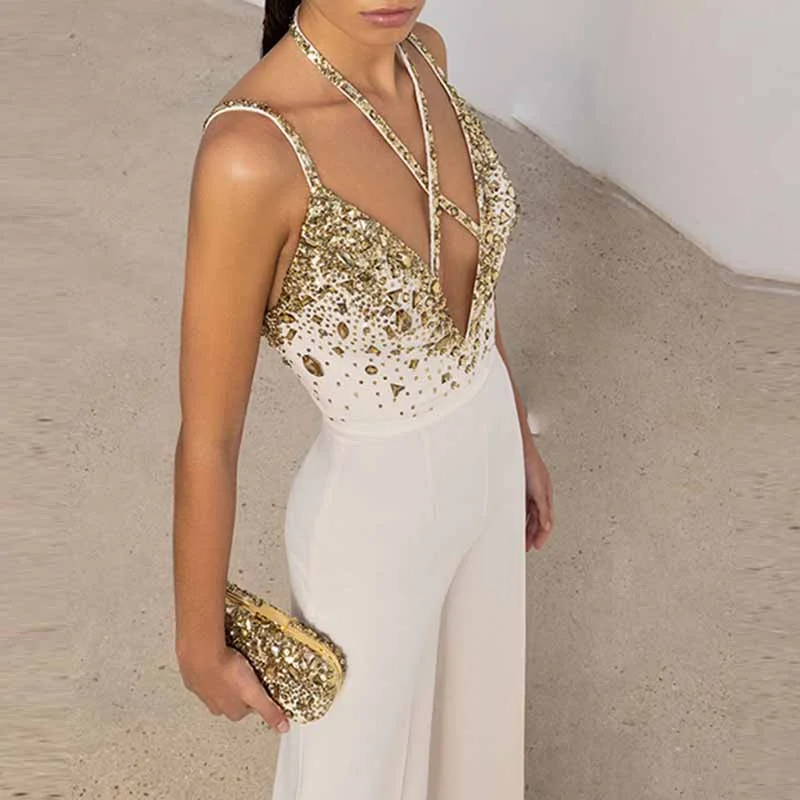 Today’s Deal Classy Charm Gold Sequin Sleeveless Jumpsuit Spaghetti Strap One Piece White Romper