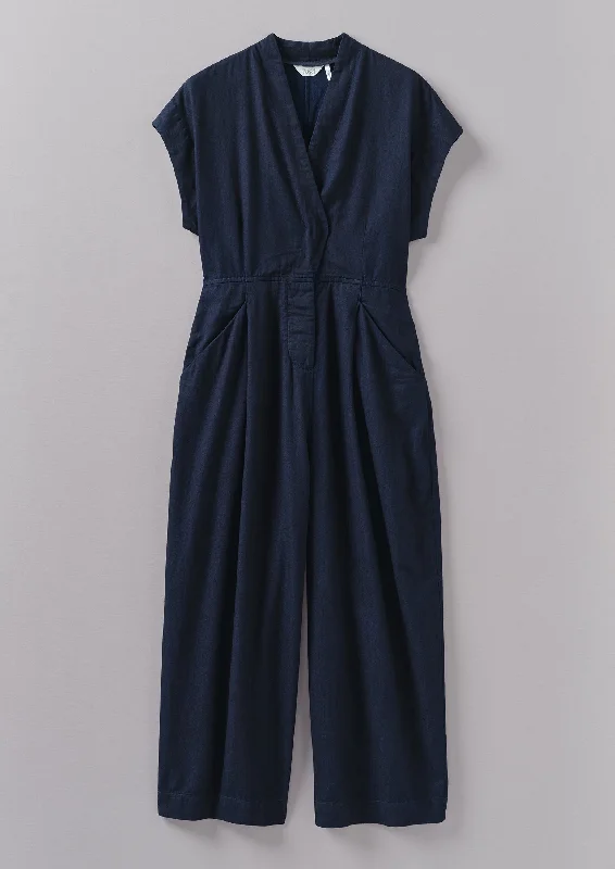 Deep Discounts Cross Front Indigo Twill Jumpsuit | Indigo