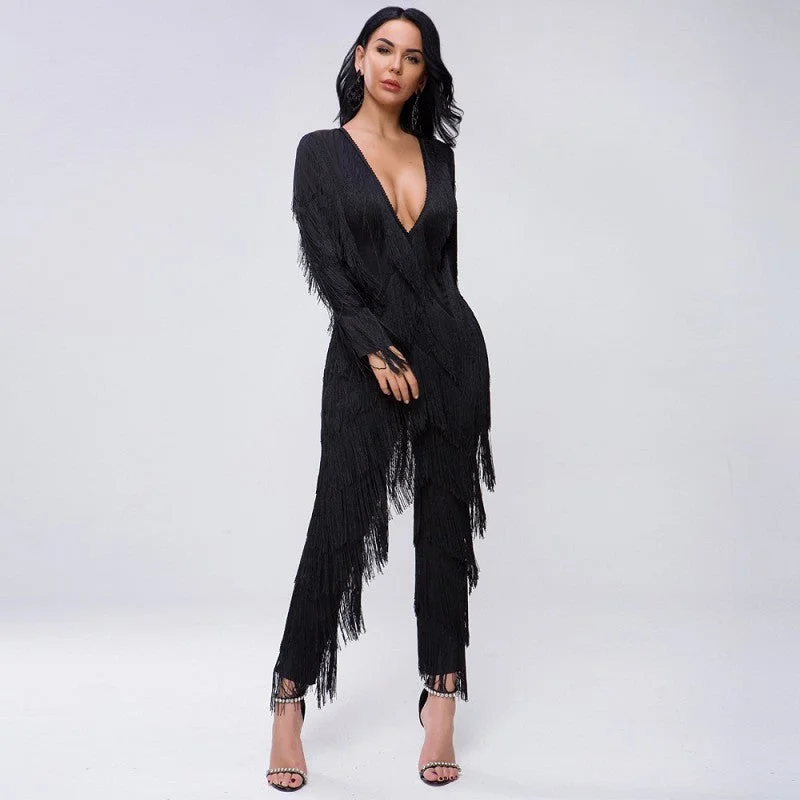 Weekend Special sd-hk Dark V Neck long Sleeve Jumpsuit With Tassels