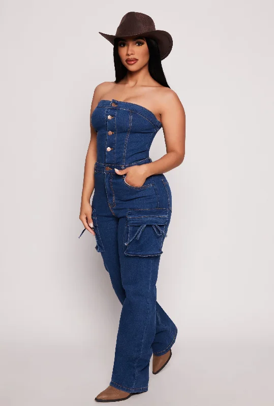 Discount Deals Daisy Denim Cargo Strapless Jumpsuit