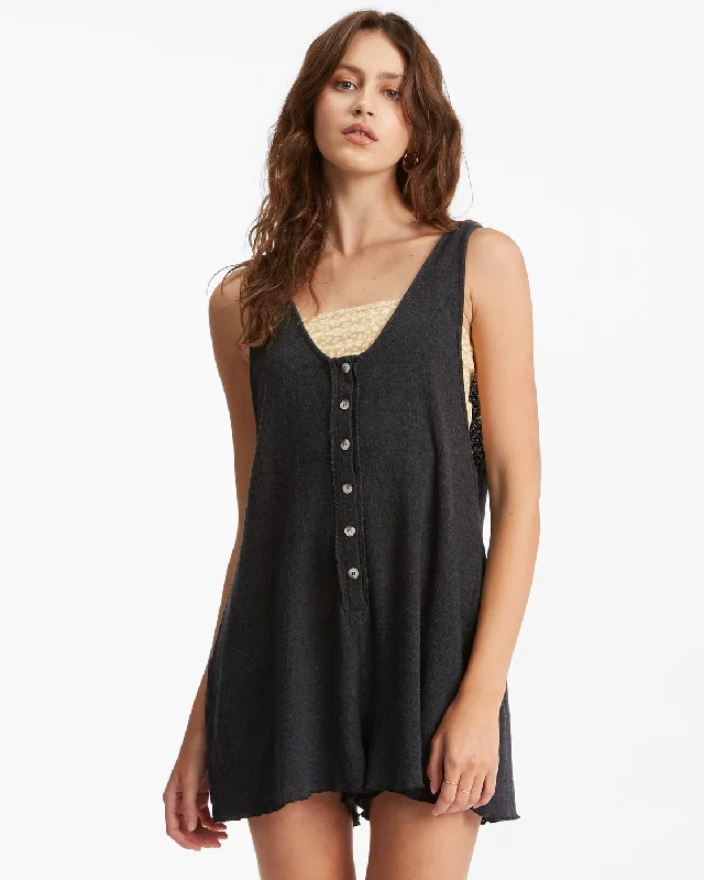 Time-Limited Offer Fade Away Button-Up Knit Romper - Off Black