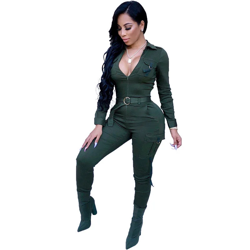 Year-End Sale Large Size Womens Deep V Soho Belted Zipper Jumpsuits