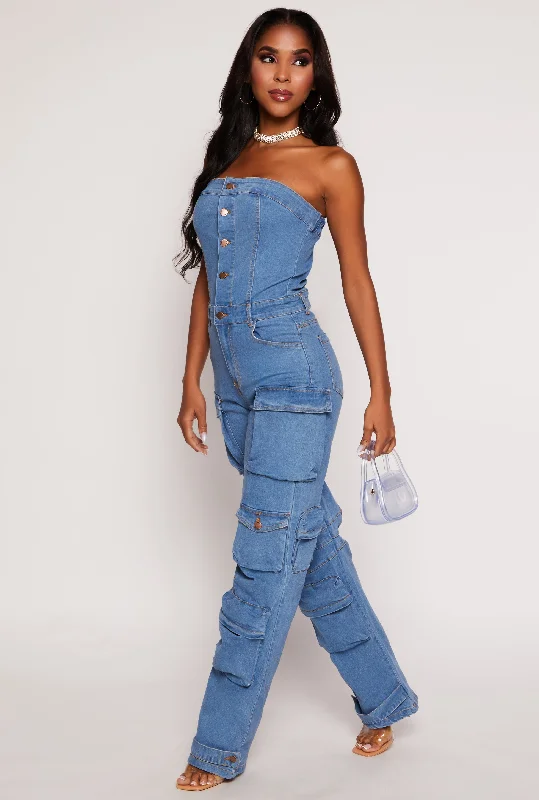 Final Clearance Daisy Denim Strapless Button Front Cargo Jumpsuit