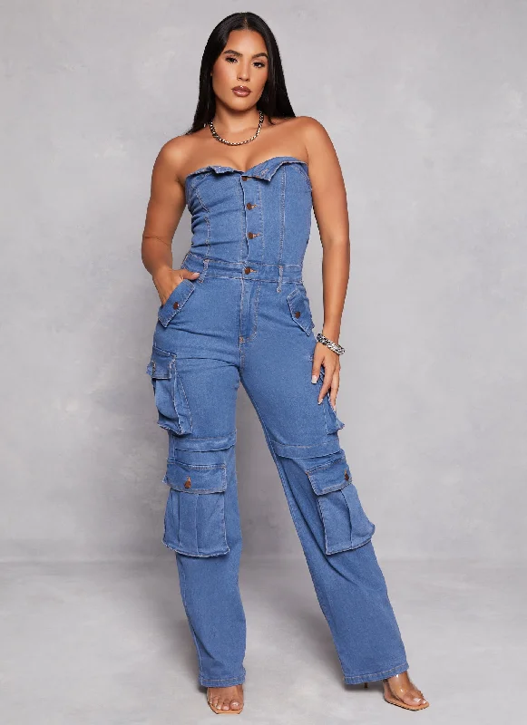 Reduced Prices Daisy Solid Strapless Cargo Denim Jumpsuit