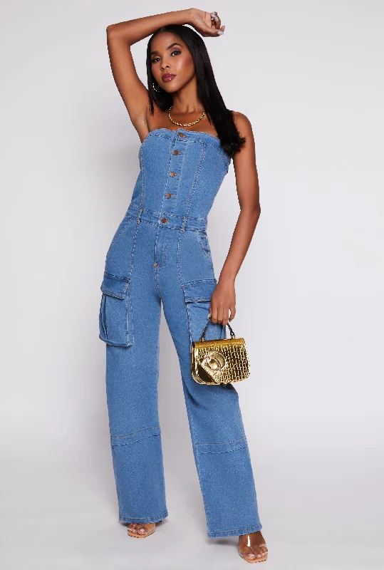 Extra Savings Daisy Strapless Denim Cargo Jumpsuit