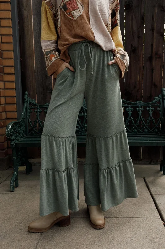 Savings Galore The Nest Milla Ruffled Wide Leg Pants - Olive