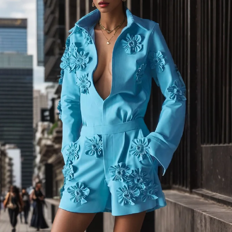 Grand Opening Sale Modern 3D Flower Applique Collared Deep V Neck Long Sleeve Blazer Romper Grand Opening Sale Modern 3D Flower Applique Collared Deep V Neck Long Sleeve Blazer Romper