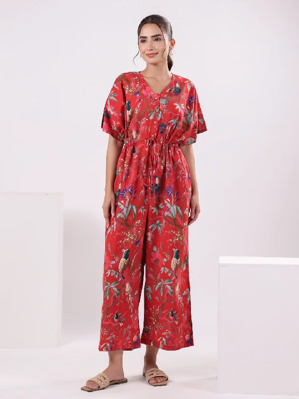 Limited Stock Red Floral Printed Jumpsuit for Women
