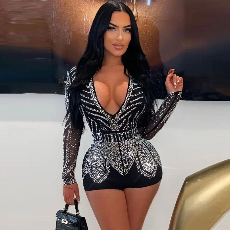Customer Appreciation Sale Sexy Plunge V Neck Sheer Long Sleeve Glitter Crystal Bodycon Club Romper Customer Appreciation Sale Sexy Plunge V Neck Sheer Long Sleeve Glitter Crystal Bodycon Club Romper