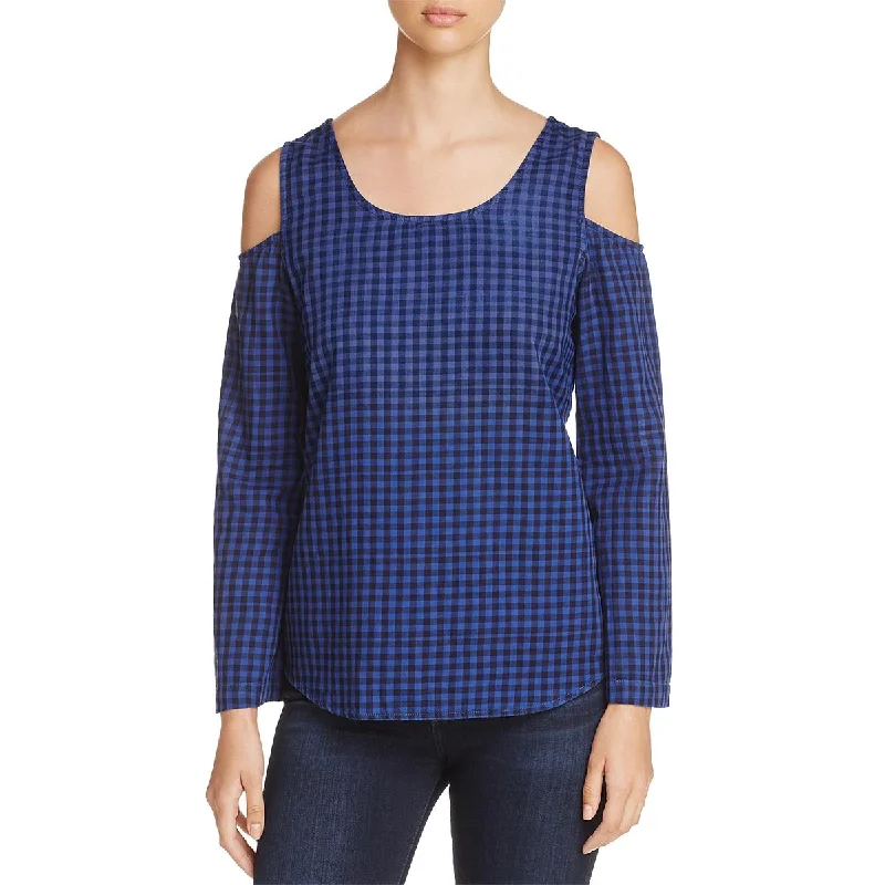 Last Chance Side Stitch Womens Cold Shoulder Plaid Pullover Top