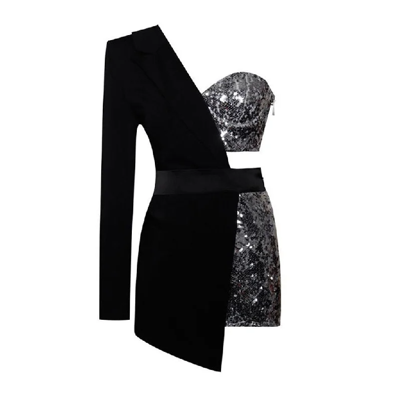 Midnight Sale Unique Sequin Embellished Deconstructed Hybrid One Shoulder Blazer Romper Midnight Sale Unique Sequin Embellished Deconstructed Hybrid One Shoulder Blazer Romper