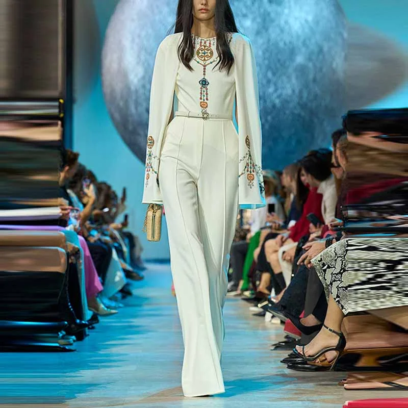 Price Reduction Trumpet Sleeved Jumpsuit White Heavy-duty Diamond Studded Jumpsuit Beaded One Piece Suit