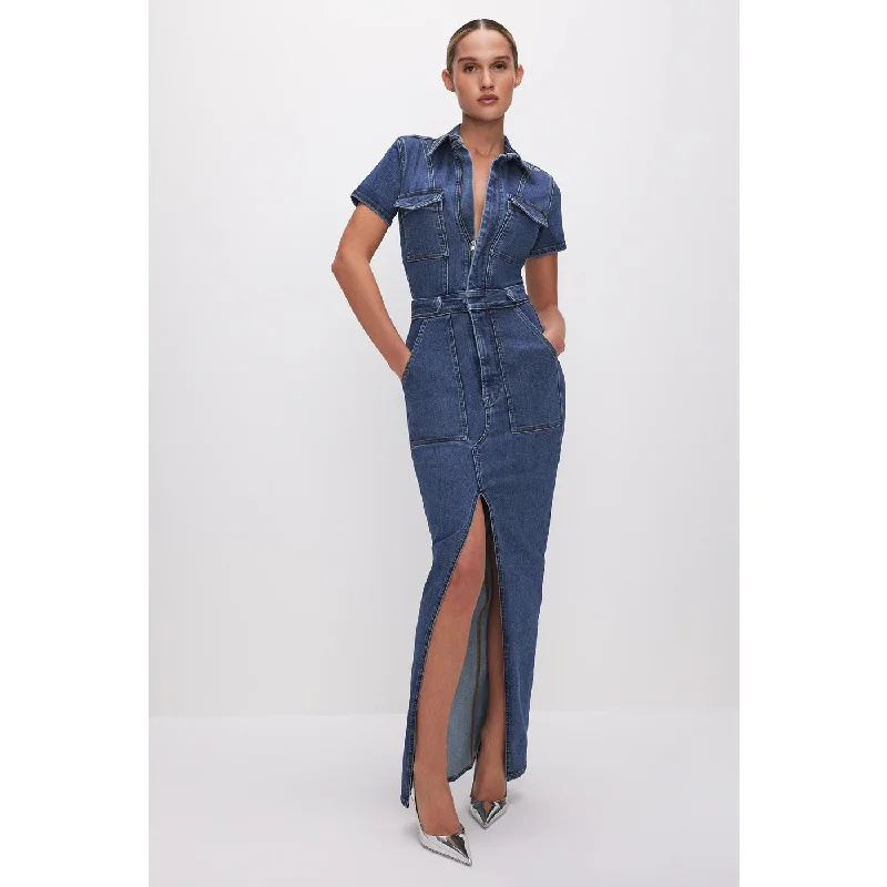 Clearance Event Blue Denim Zipper Maxi Dress