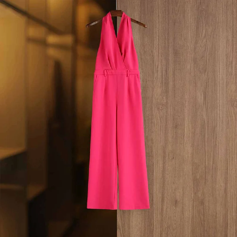 Take Advantage Women Fuchsia Halter Wide-Leg Jumpsuit