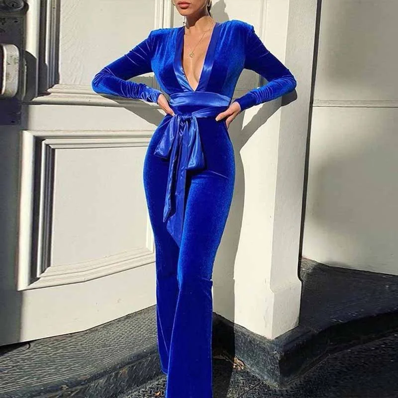 Exclusive Deal Women Long sleeve velvet jumpsuit deep V cocktail jumpsuit