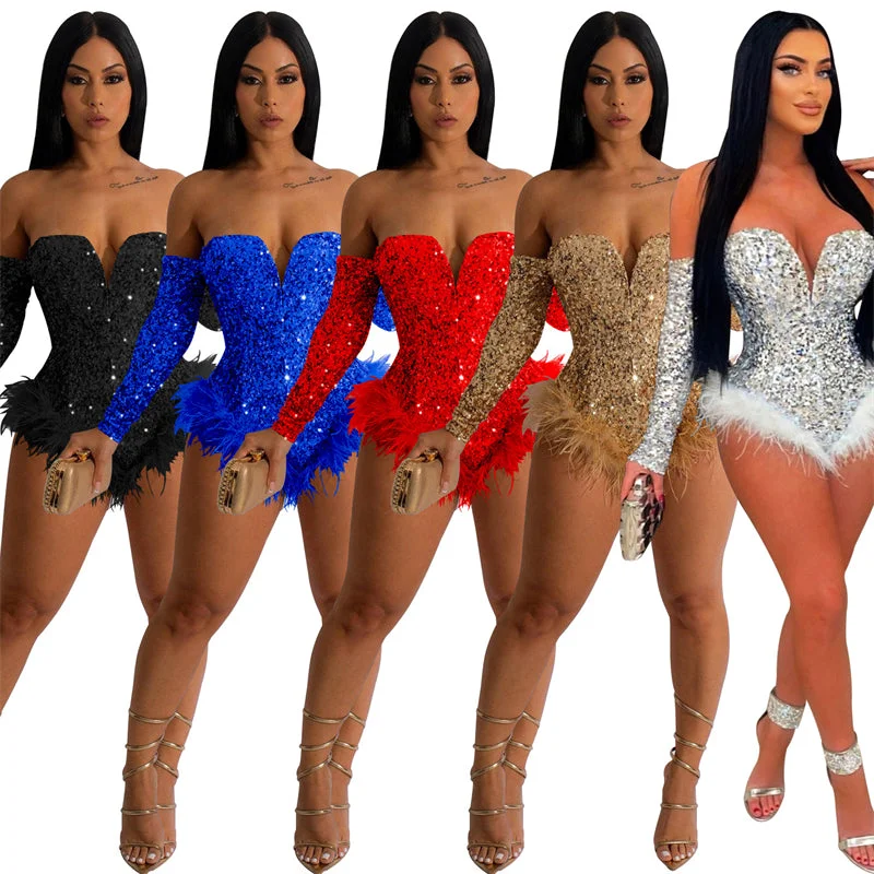 Super Sale women sexy black white off shoulder long sleeve feather sequin white plus size jumpsuit short women black sequined sexy bodysuit Super Sale women sexy black white off shoulder long sleeve feather sequin white plus size jumpsuit short women black sequined sexy bodysuit