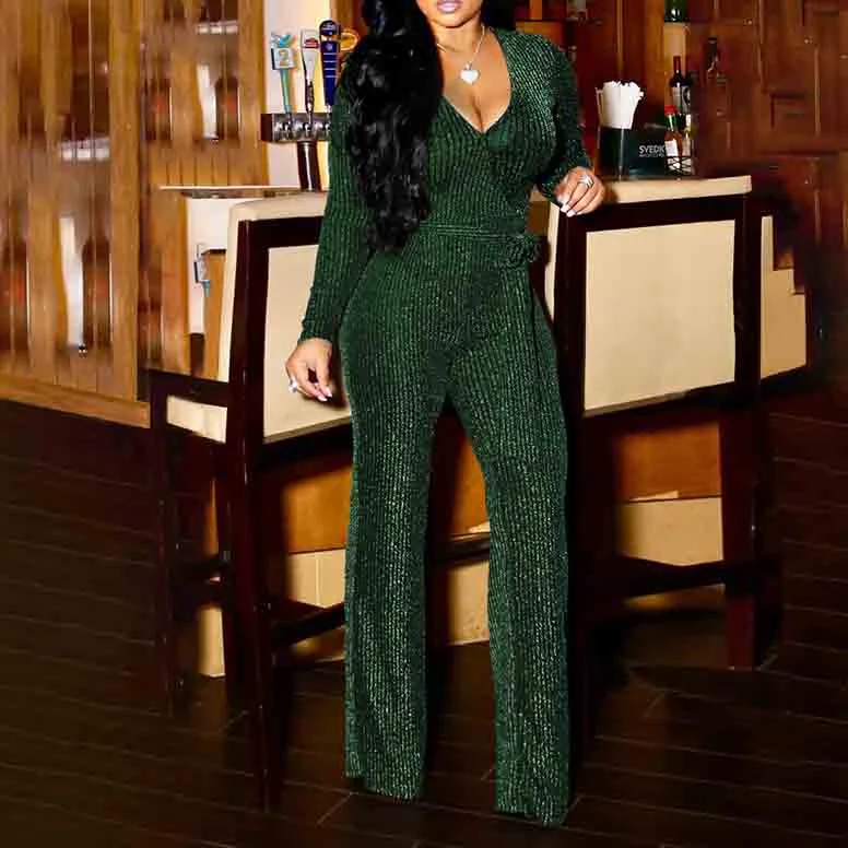 Best Seller Women Sexy V Neck Sparkly Jumpsuits Long Sleeve Loose Pants Party Clubwear
