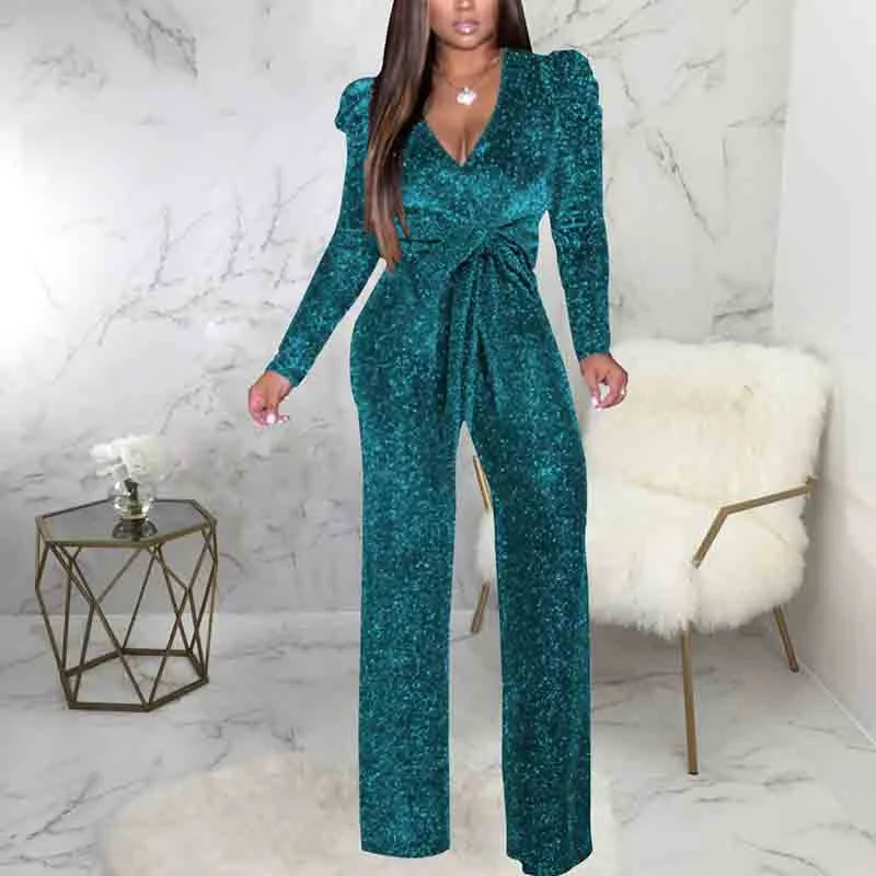 Special Offer Women Sparkly Jumpsuits Long Sleeve Onesie Loose Pants Party One Piece