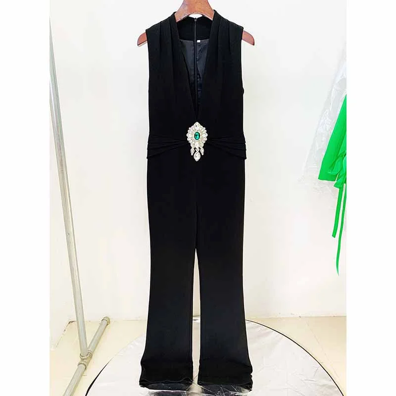 Massive Deals Women's Black Deep-V Studded Sleeveless Jumpsuit