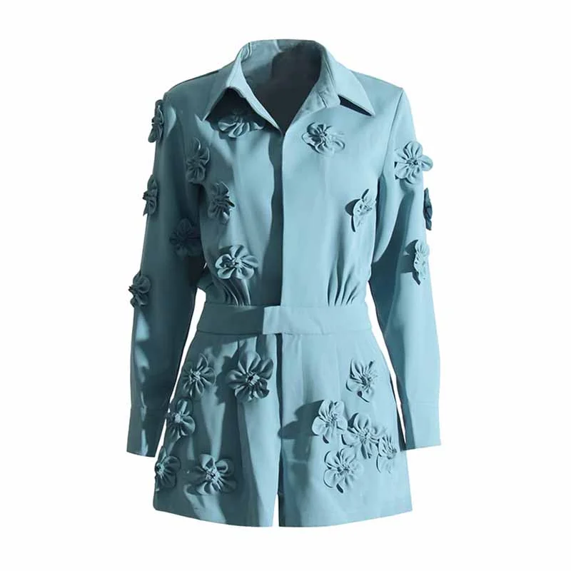Shop and Save Women's blue patchwork floral jumpsuit shorts suit
