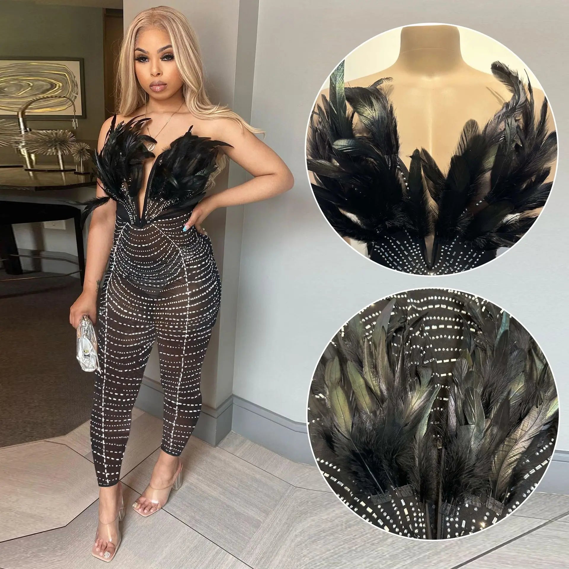 Must-Have Deals Z154829 2023 black sexy ball One Piece Bodysuit Night Club evening Sleeveless deep v feather glitter catsuit rhinestone jumpsuit