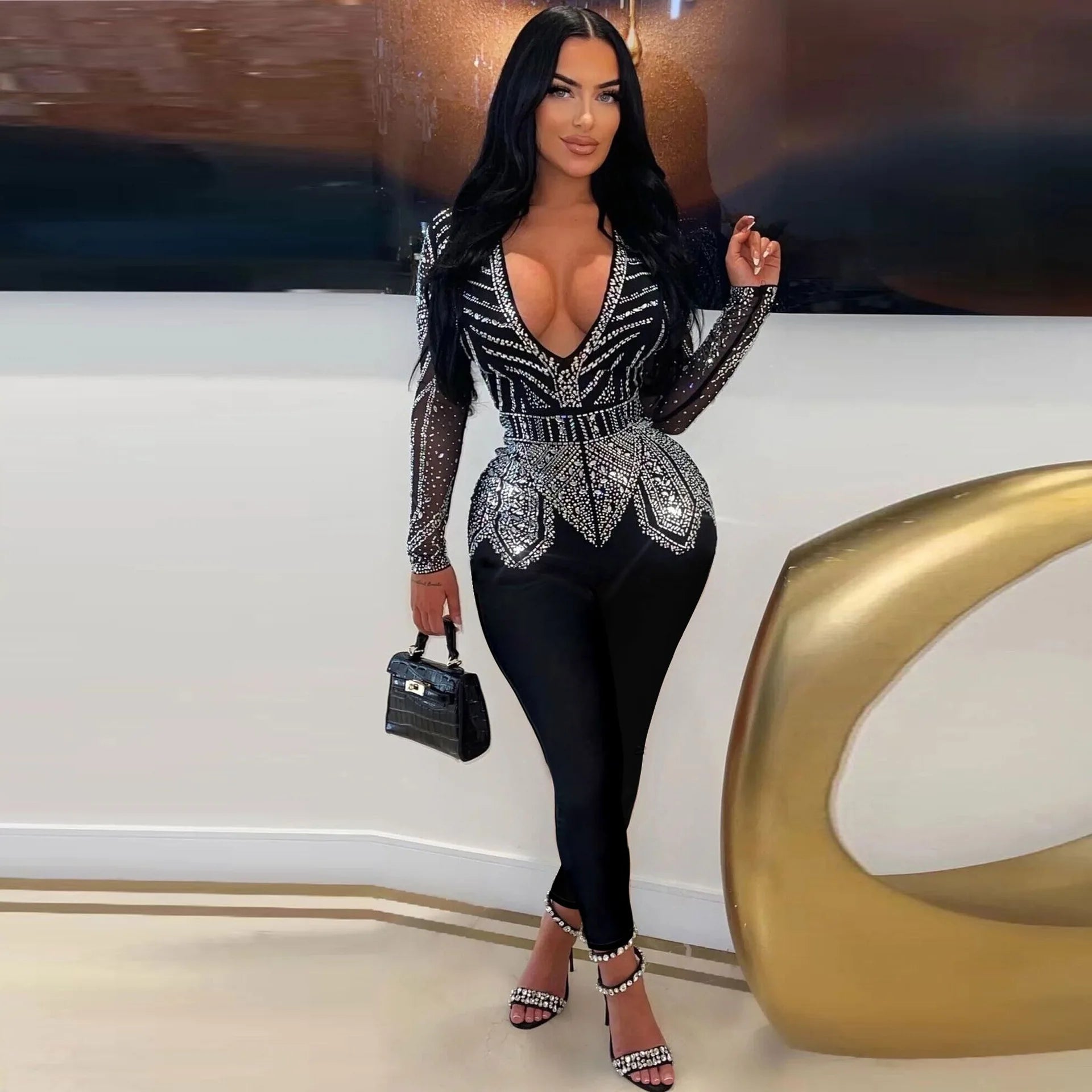 Special Savings Z165973 2023 black sexy ball One Piece Bodysuit Night Club V-neck evening jumpsuit plus Size diamond rhinestone dance jumpsuit