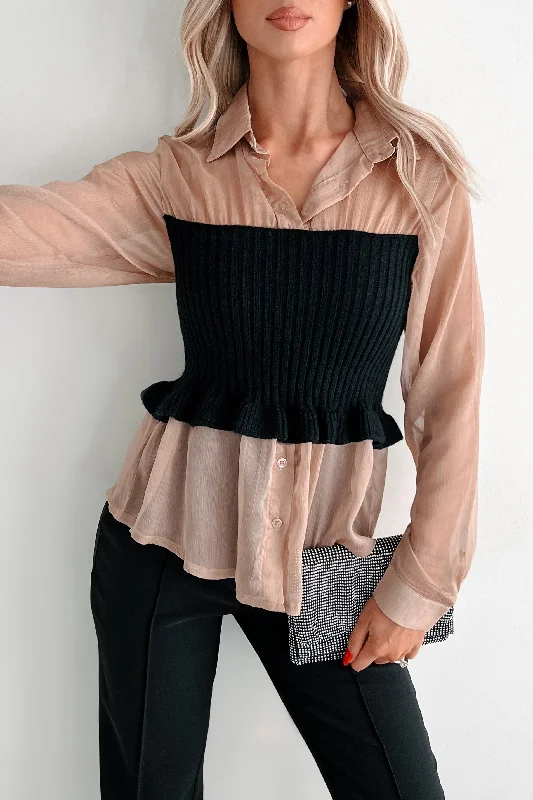 Today's Special Aubrina Sheer Sweater Contrast Blouse (Mocha/Black)