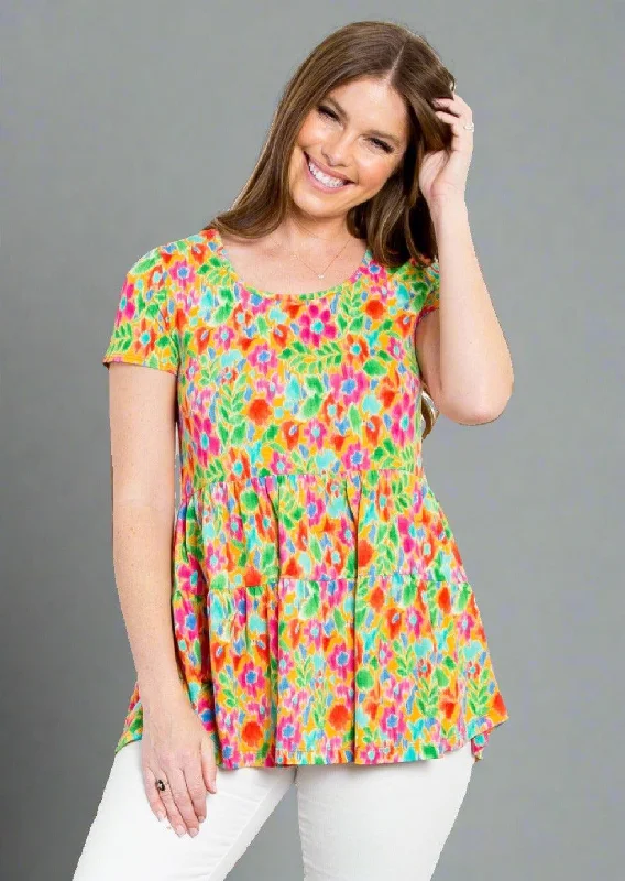 Act Fast Floral Short Sleeve Babydoll Top in Green