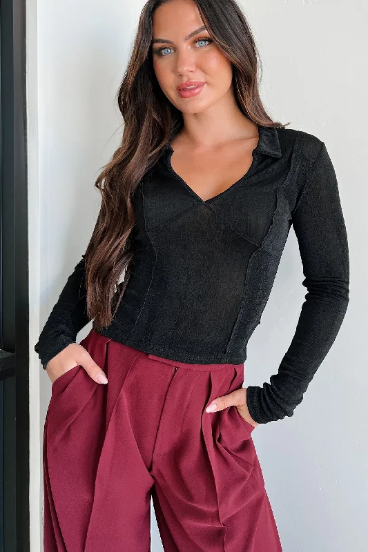 Year-End Sale Compelling Attitude Shimmery Knit Long Sleeve Top (Black)