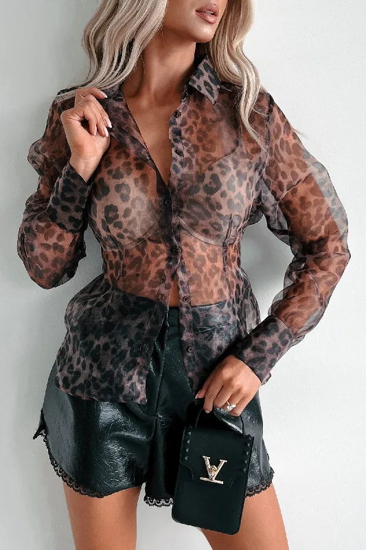 Limited Availability Feisty Reputation Sheer Leopard Print Blouse (Brown)