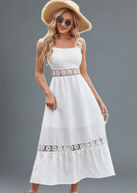 New Deals Flower Crochet Wide Strap Midi Dress