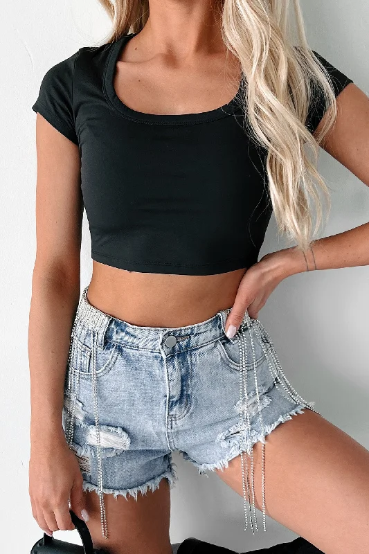 Daily Deals Gym Dates Short Sleeve Scoop Neck Crop Top (Black)