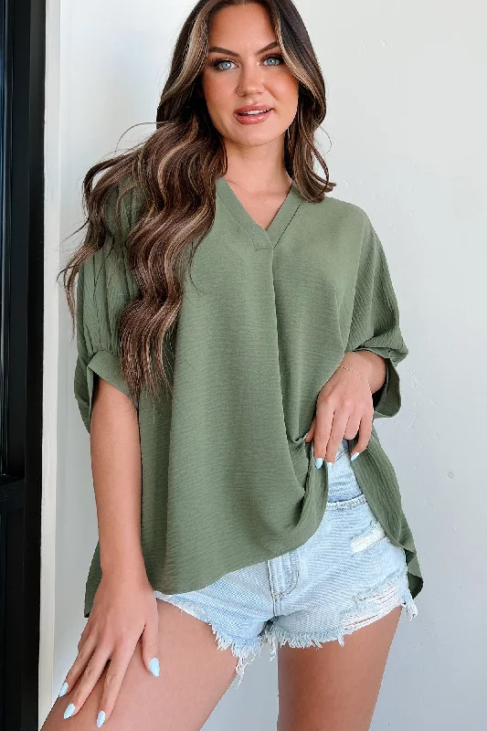 Online Only Office Chats Oversized V-Neck Blouse (Light Olive)