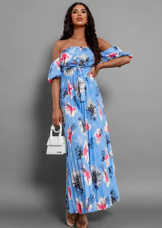 Exclusive Deal Pleated Floral Off-Shoulder Short Sleeve Midi Dress