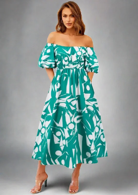 Super Deal Printed Off-Shoulder Balloon Sleeve Dress
