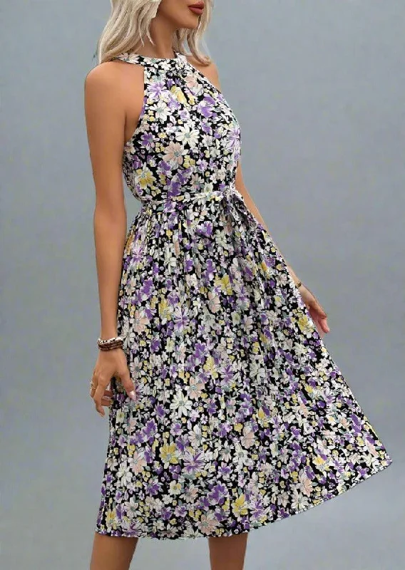 Special Offer Printed Tie Waist Pleated Dress