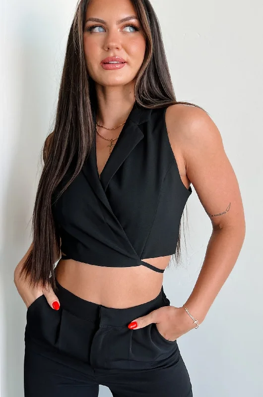 Don't Wait Rosalind Wrap Tie Crop Vest (Black)