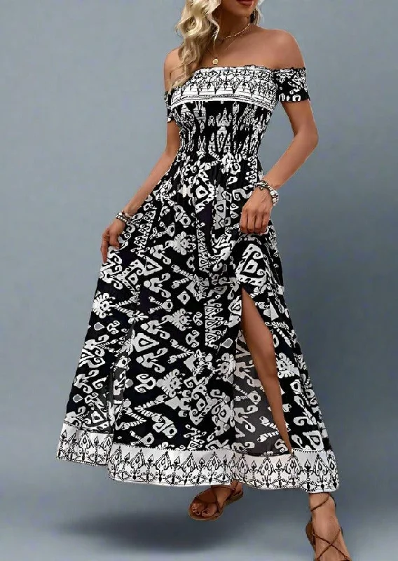 New Arrival Slit Printed Off-Shoulder Dress