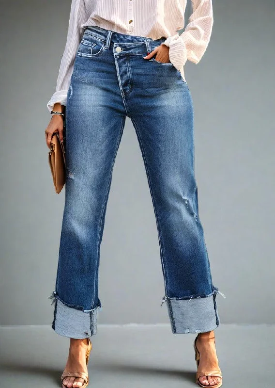 Discount Deals Stepped Waist Raw Hem Rolled Straight Jeans