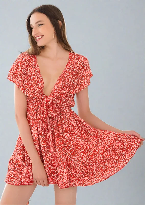 Lowest Price Tied Floral V-Neck Cap Sleeve Dress