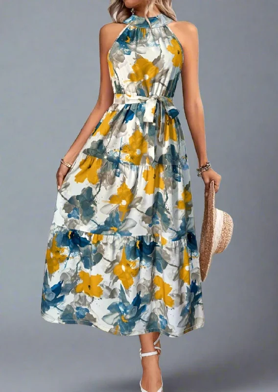 Unbeatable Prices Tiered Printed Mock Neck Sleeveless Dress