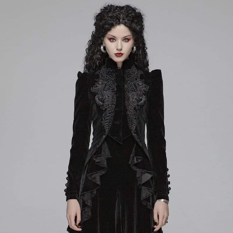Low Prices Women's Goth Floral Embroideried Puff Sleeved Velet Short Jackets