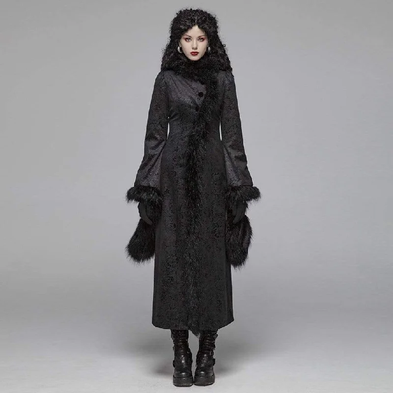 Daily Deals Women's Goth Jacquard Flare Sleeved Woolen Maxi Overcoat With Fur Collar